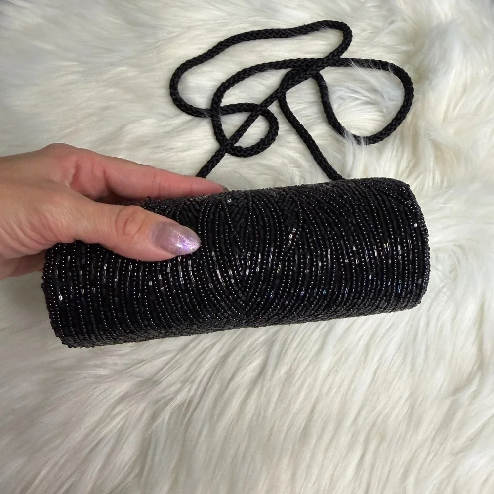 Vintage -‎ Black Beaded Small Purse with Lipstick Holder
